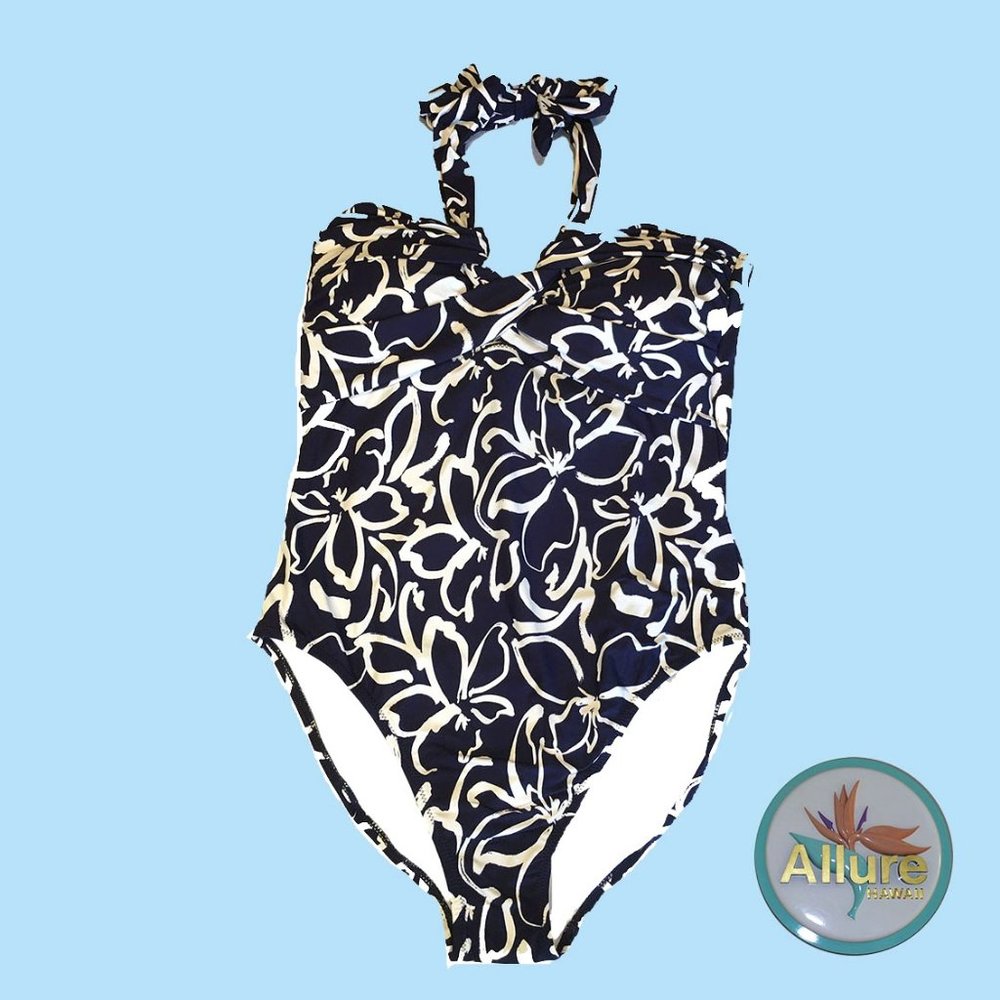 Leilani Swimwear Navy and White abstract floral print bandeau